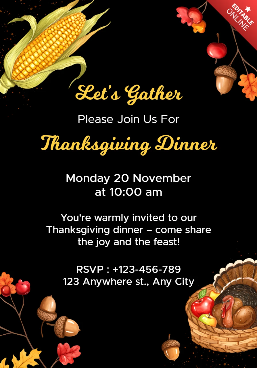 Modèle d'invitation au dîner de Thanksgiving avec des éléments d'automne et des illustrations de maïs.