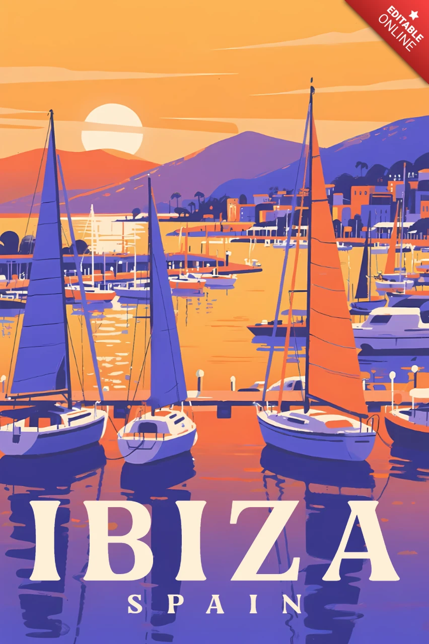 Tramonto di Ibiza nel design della marina per il template di poster retro per viaggi.