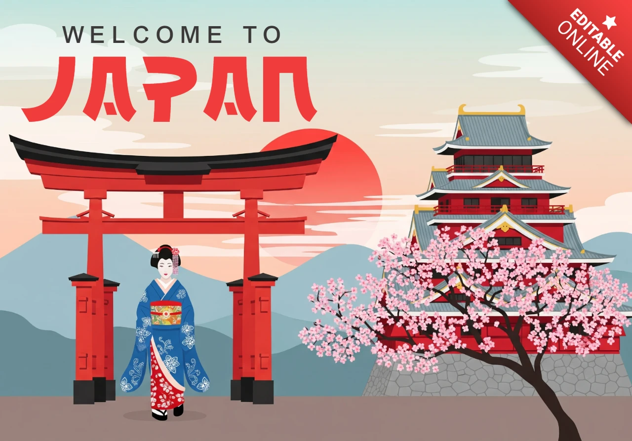 Pôster cultural do Japão cênico com traje tradicional, árvore de sakura e castelo emoldurado por montanhas e portão torii.