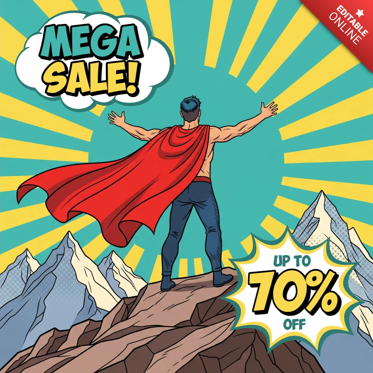 Mega-Verkauf Comic-Stil Bergszene mit rotem Umhang Burst-Design-Vorlage für Werbeflyer