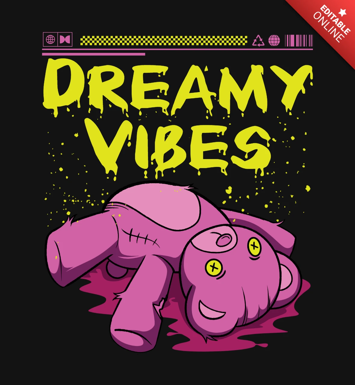 Arte de urso de pelúcia rosa com vibrações sonhadoras, tipografia de graffiti e ícones surreais, modelo de design de camiseta.