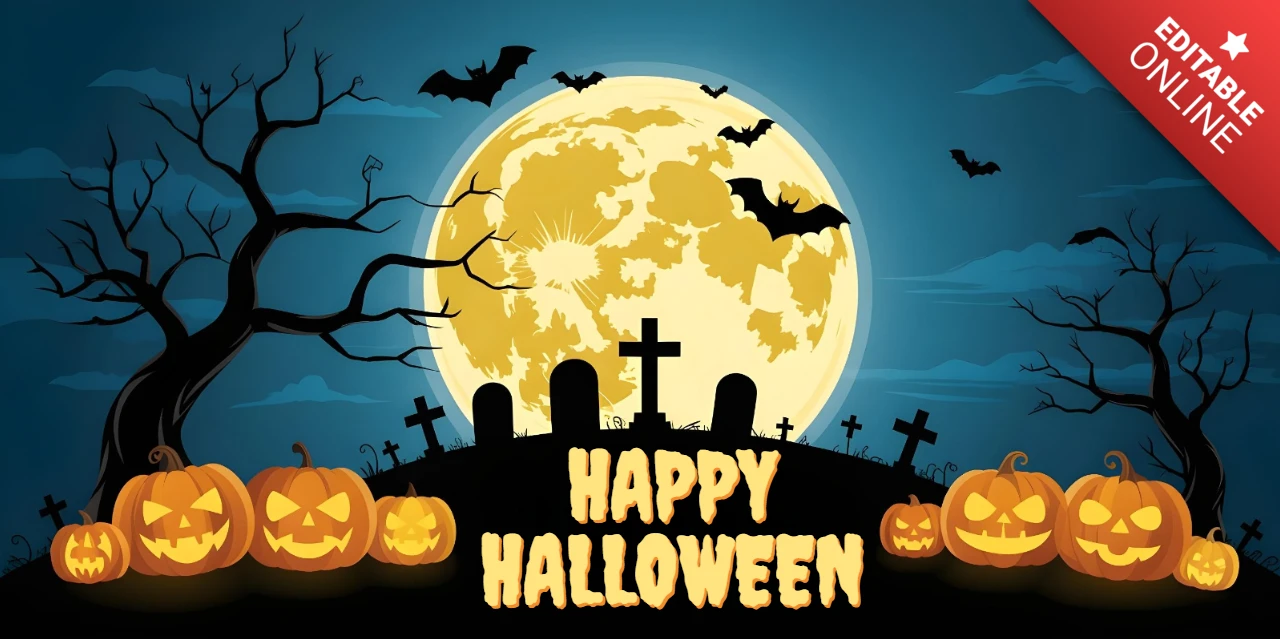 Halloween Graveyard Glowing Pumpkins, Full Moon & Twisted Trees Facebook Cover Design Template
