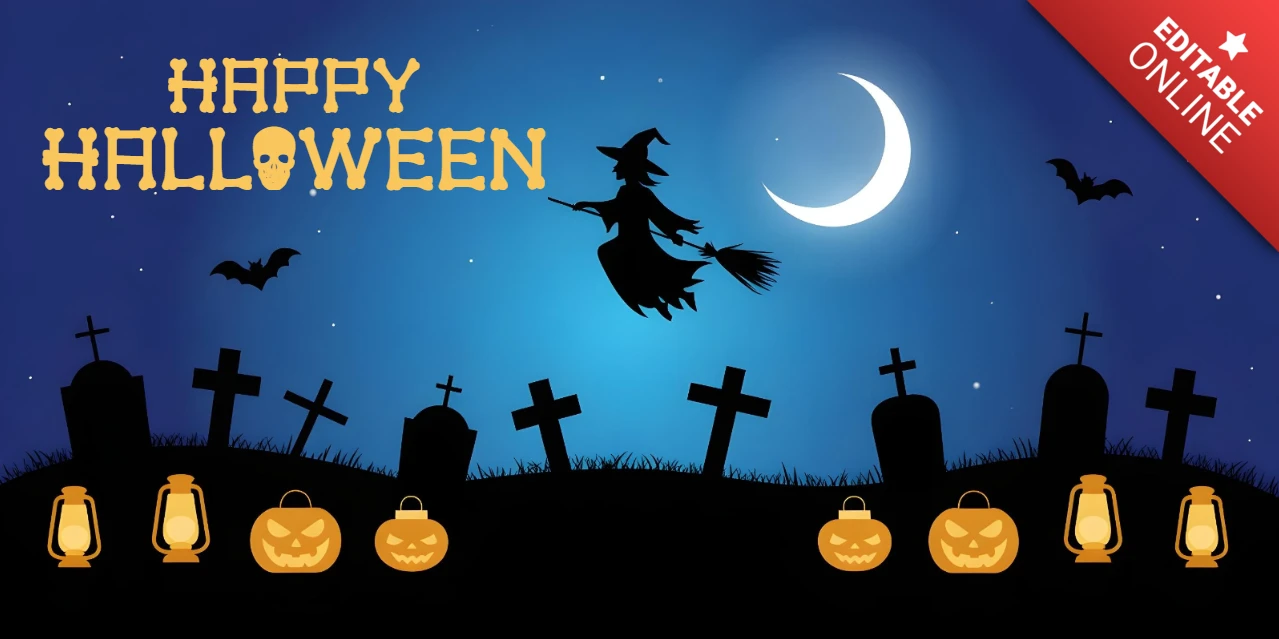 Spooky Halloween Night Jack-o'-Lanterns, Lanterns & Haunted Cemetery Scene Facebook Cover Design Template