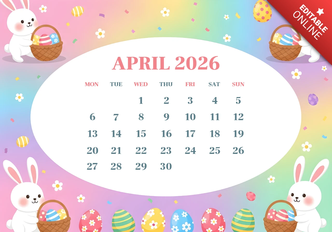 Calendario poster de abril de 2026 con tema de gradiente arcoíris con conejos, huevos de pascua, flores y borde decorativo.