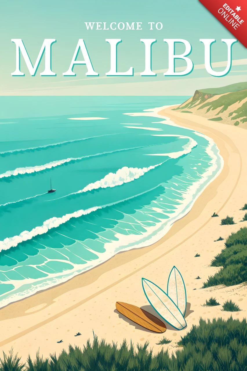 Malibu Beach Retro Flat Design Template for Posters and Merchandise