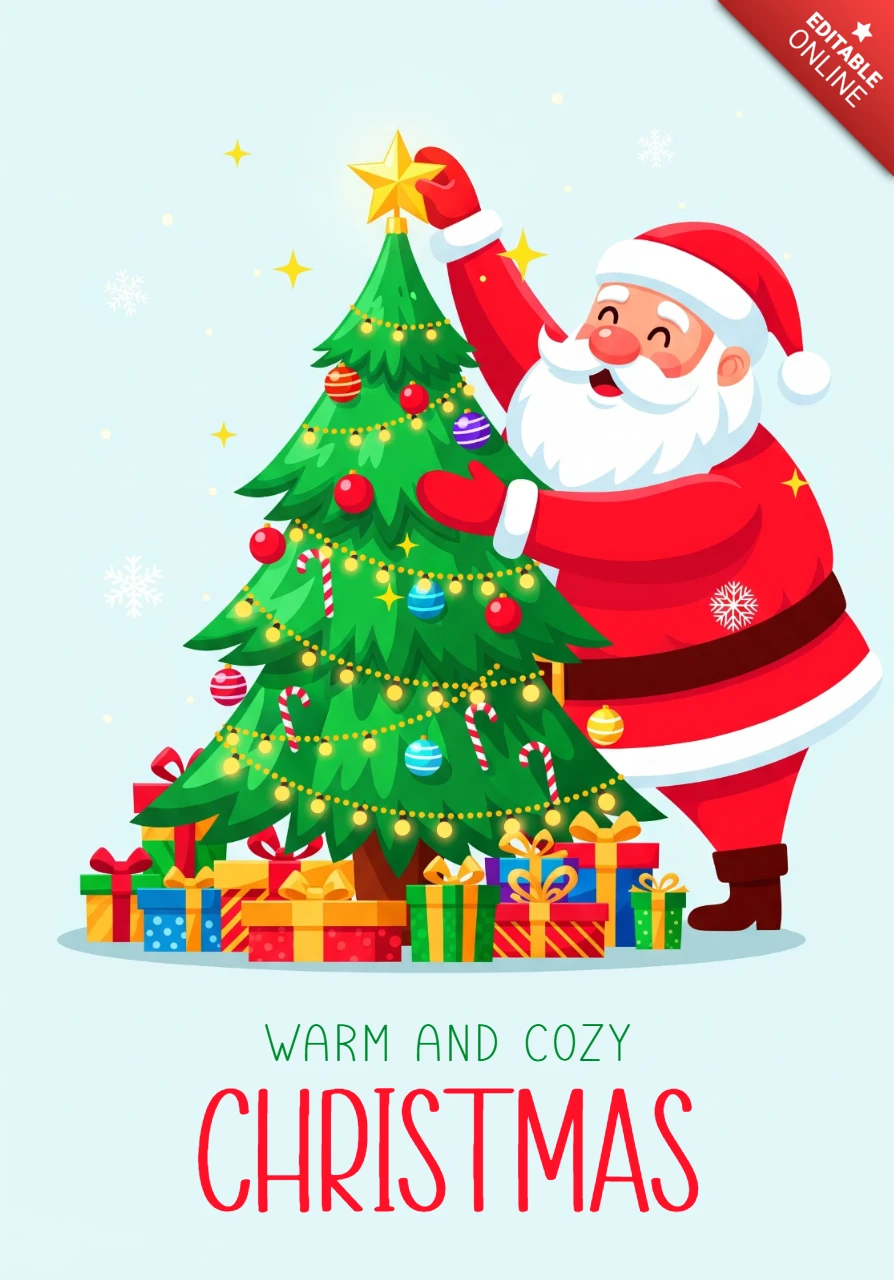 Christmas Greeting Card Santa Decorating Tree with Gifts and Snowflakes Framing Warm and Cozy Christmas Message