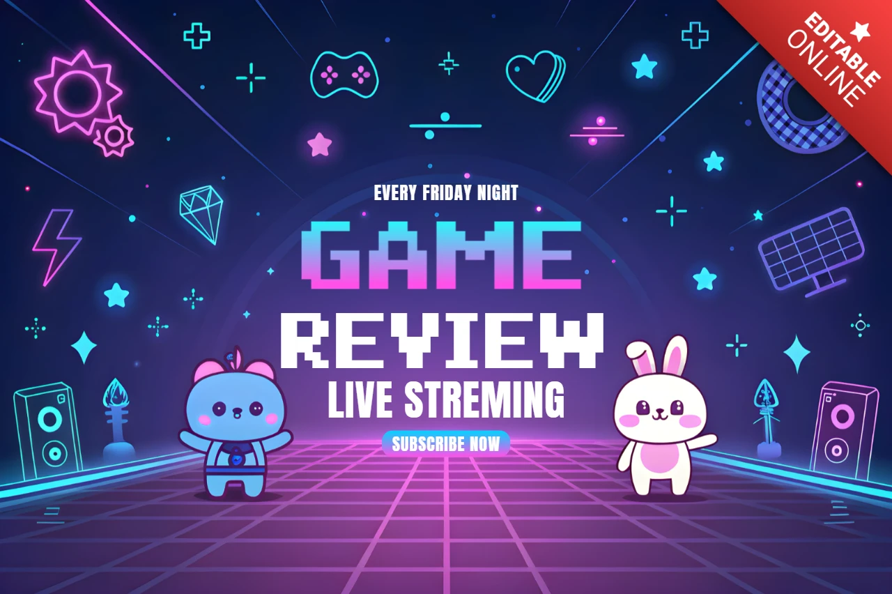 Kleurrijke game review live streaming sjabloon met schattige karakterontwerpen
