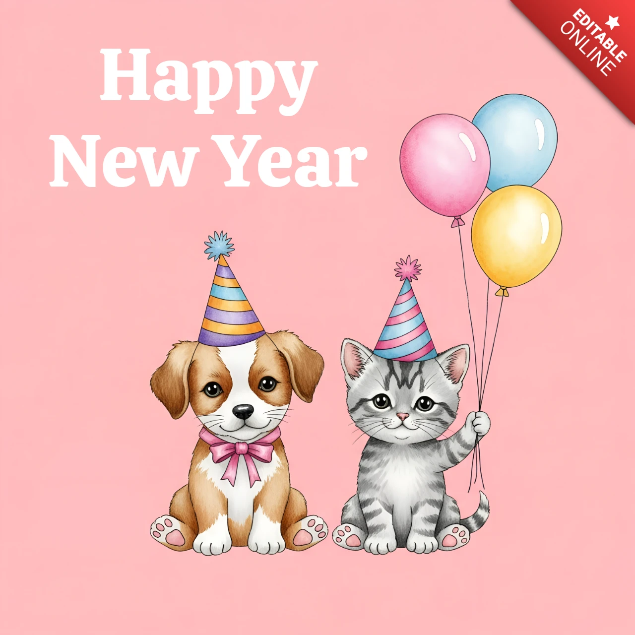 かわいい子犬と子猫のバルーンを使った新年のデザインテンプレート、グリーティングカード用