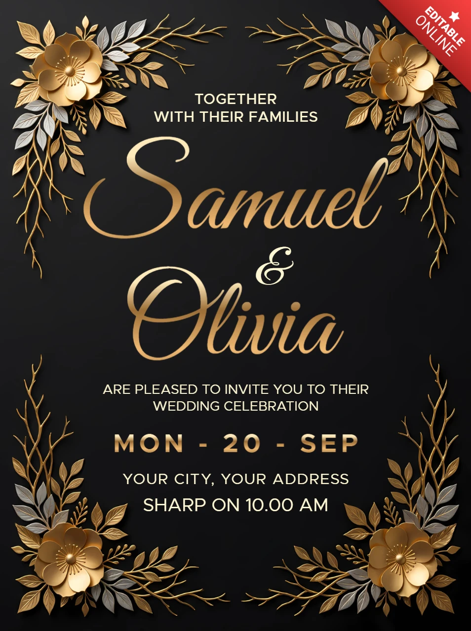 Modèle de carte d'invitation de mariage de luxe noire et or avec un élégant motif floral en bordure d'angle