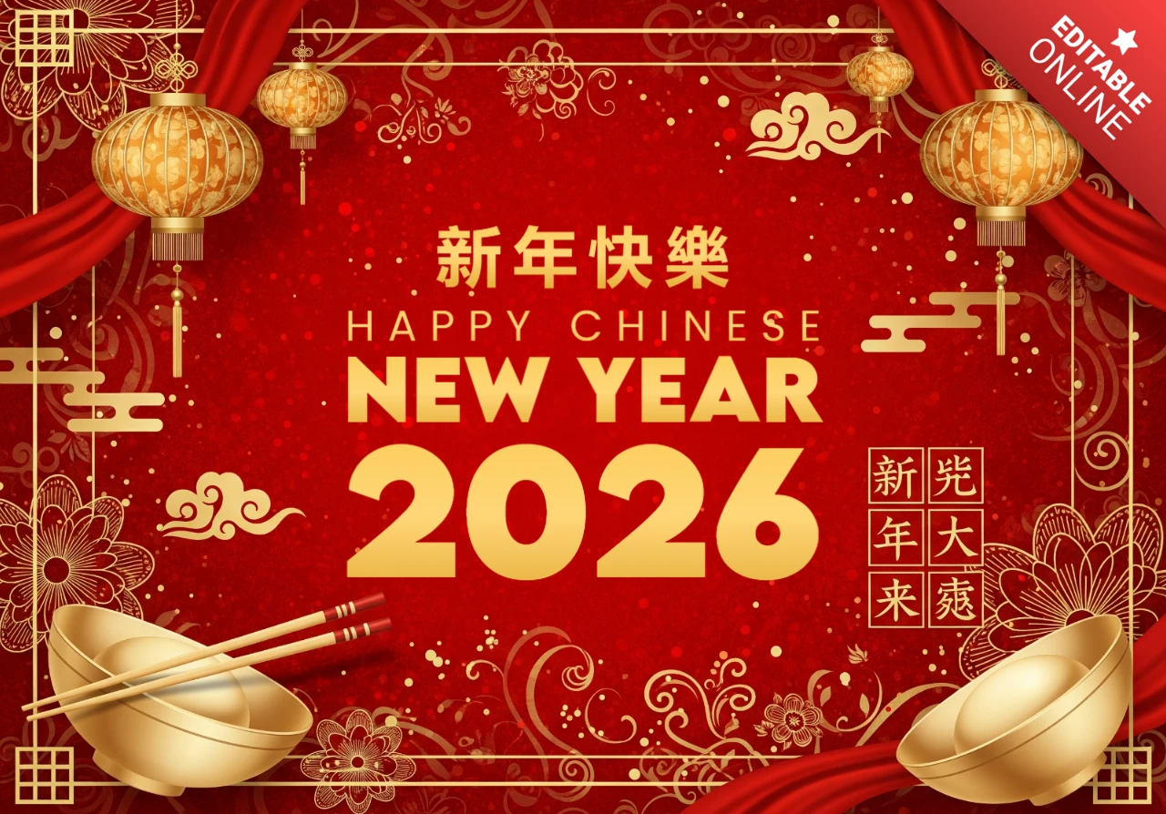 Pôster de celebração do ano novo chinês de 2026, design tradicional em vermelho e dourado com lanternas, flores e tigelas de hashis.