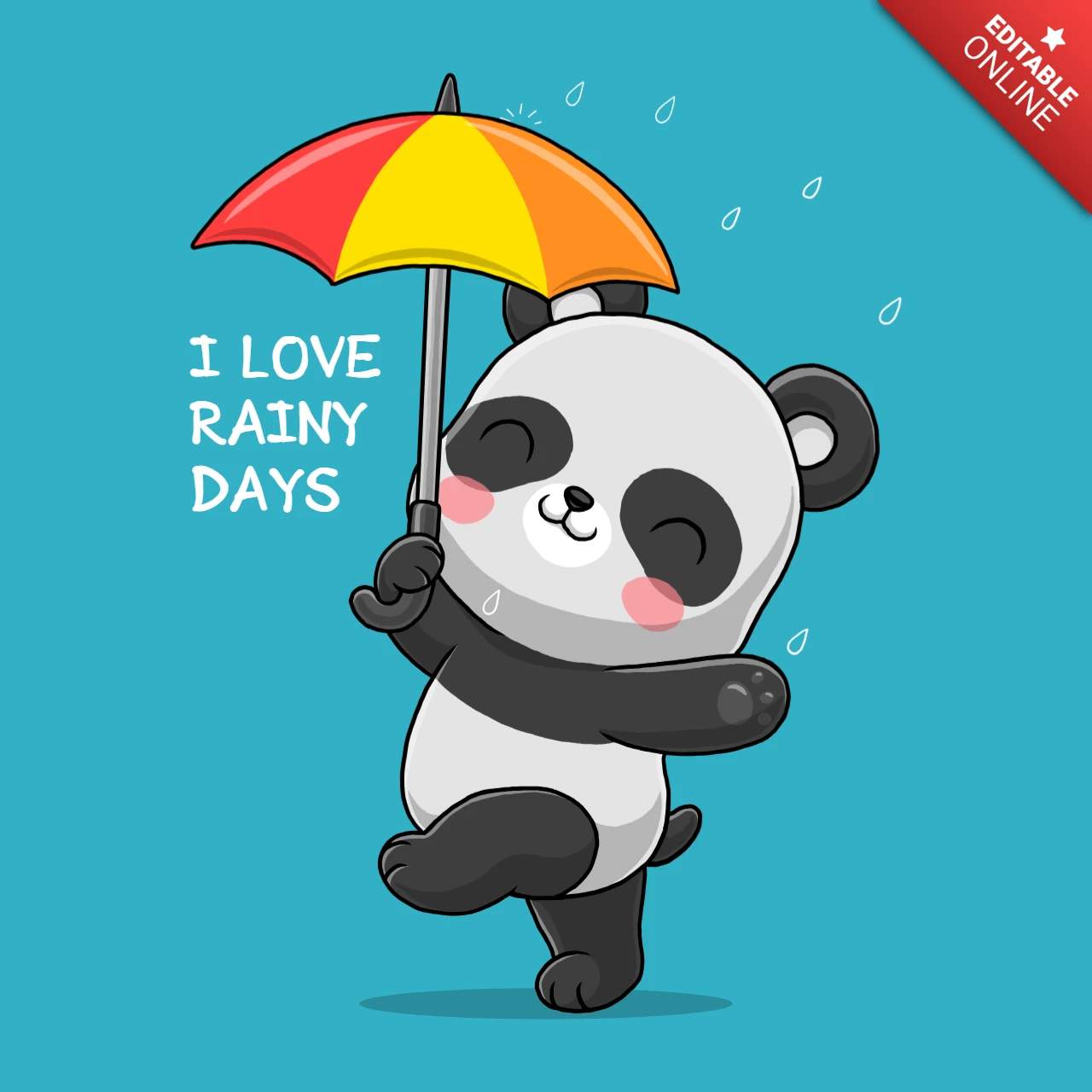 Bewerkbare schattige panda regenachtige dagen ontwerpsjabloon