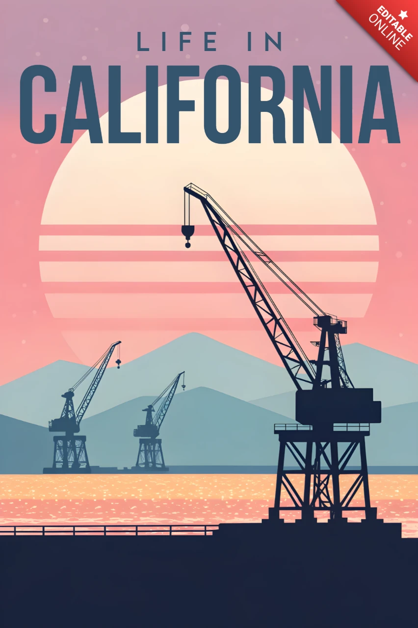 Retro Flat California Sunset Crane Design Template for Posters