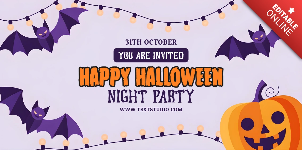 Halloween Party Invitation Flying Bats, Jack-o'-Lantern & String Lights Facebook Cover Design Template