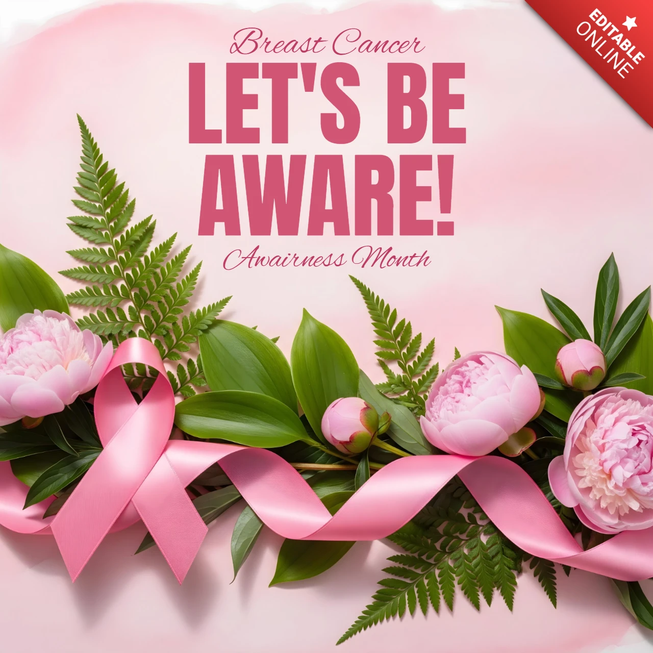Plantillas de diseño de banner para octubre con peonías rosas de concienciación sobre el cáncer de mama y tributo de doble cinta.