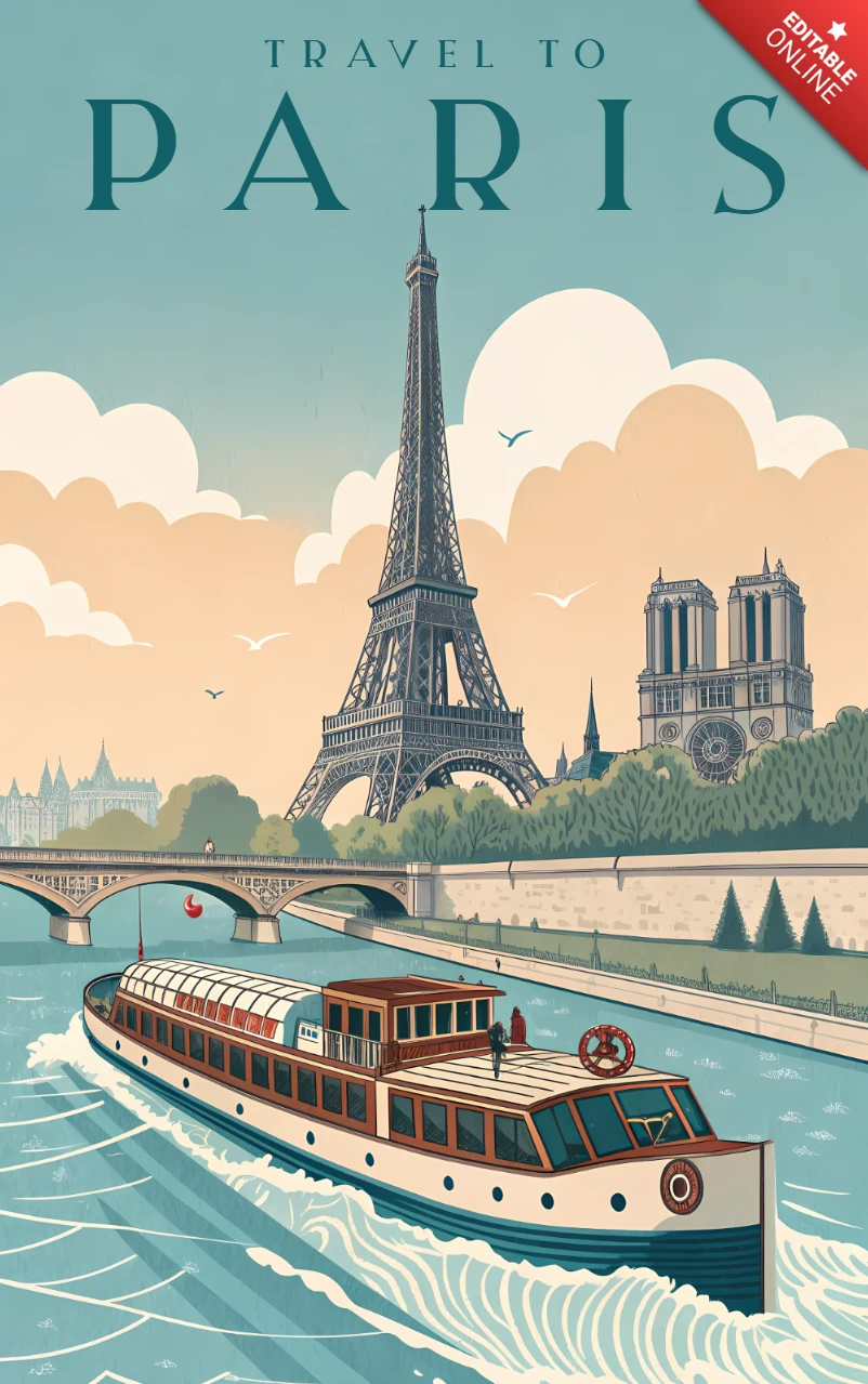 Vintage Paris Travel Poster Design Template with Eiffel Tower and Bateau Mouche