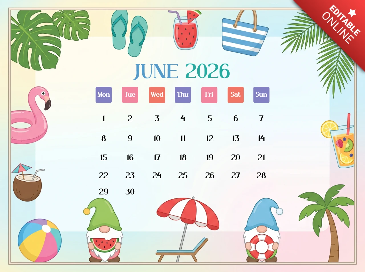 Calendario colorido de junio de 2026 con bebida de sandía, coco, pelota de playa y palmera.