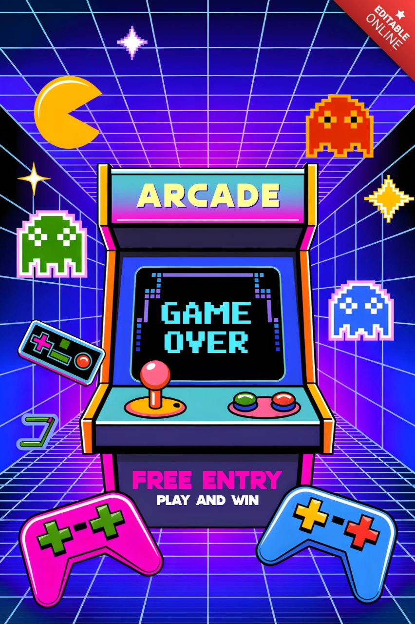 Retro Arcade Game Over Design Template for Flyers and Posters