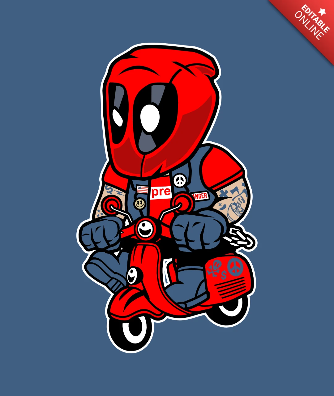 Dead Pool Scooter Cartoon Character T-Shirt Design Template