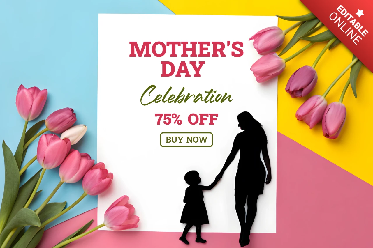 Mother's Day Celebration Design Template with Floral Elements and Silhouette Art