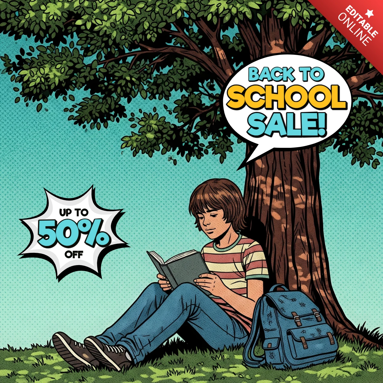 Arte de estilo cómic de estudiante leyendo un árbol para la venta de regreso a clases con diseño de banner promocional de oferta limitada con estallido de sol para volantes promocionales.