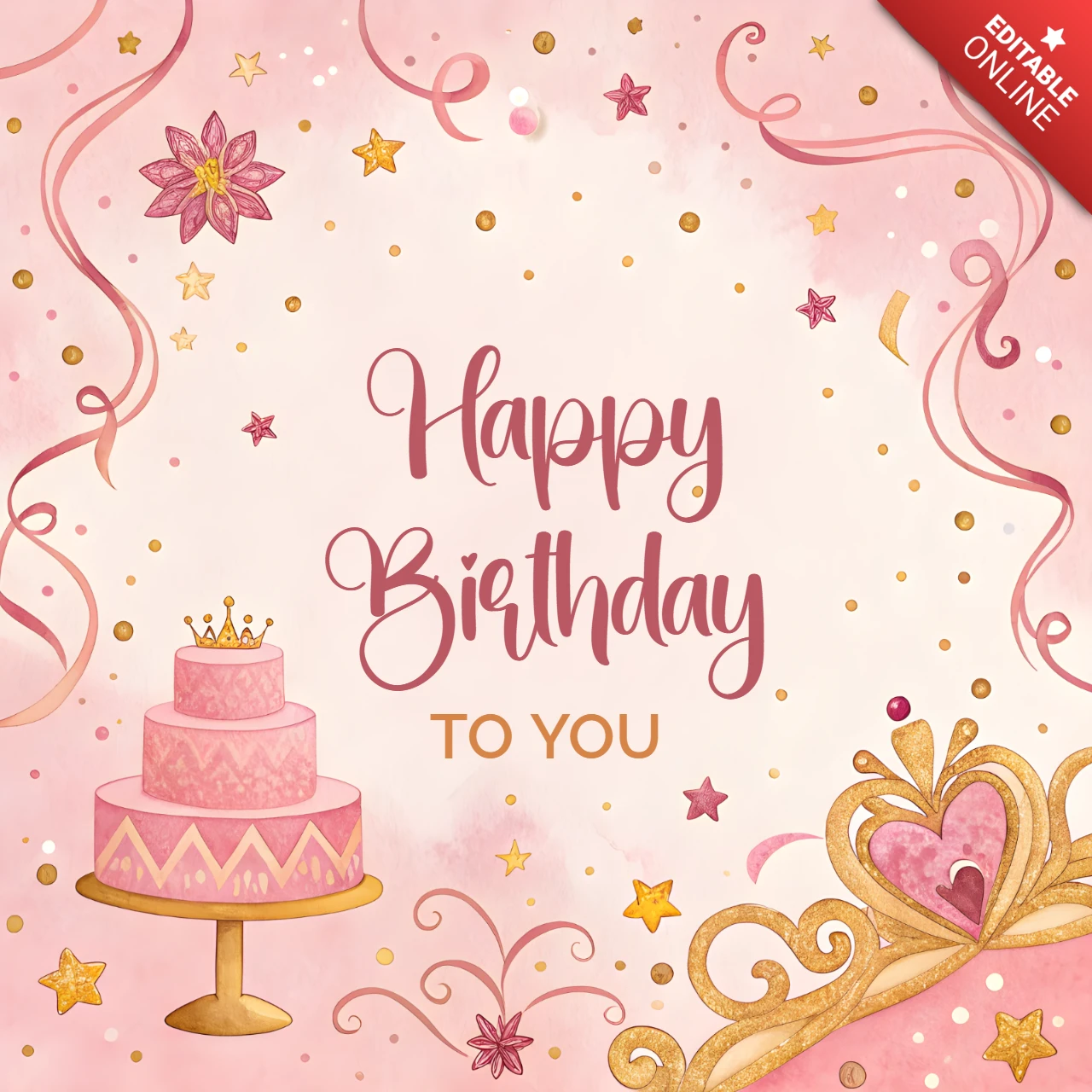 Whimsical Birthday Celebration Design Template with Cake and Stars for Princesses