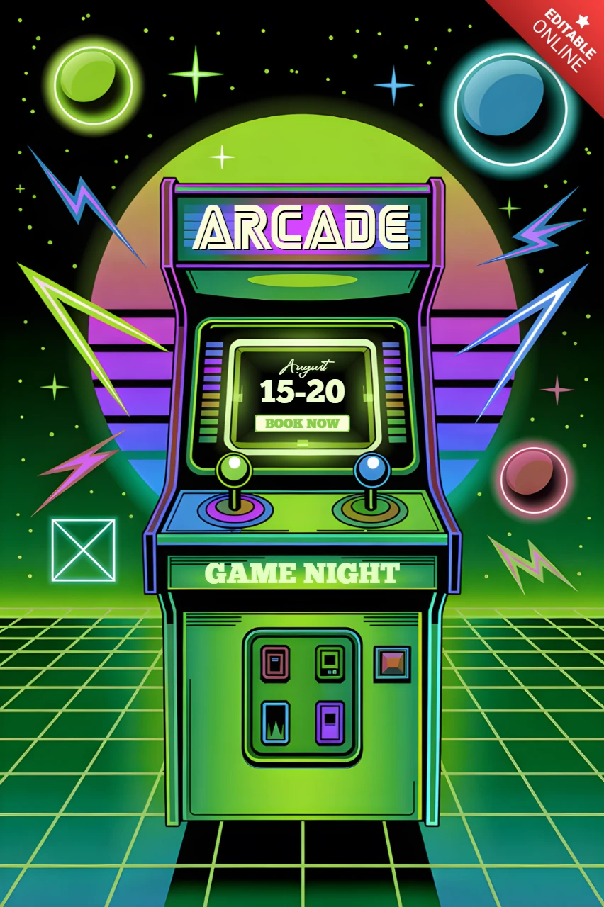 Modello di design per evento di serata giochi arcade retro con grafica al neon