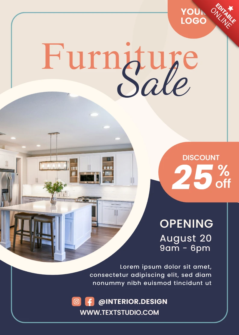 Plantilla de folleto de venta de muebles modernos con diseño elegante para promociones de interiores