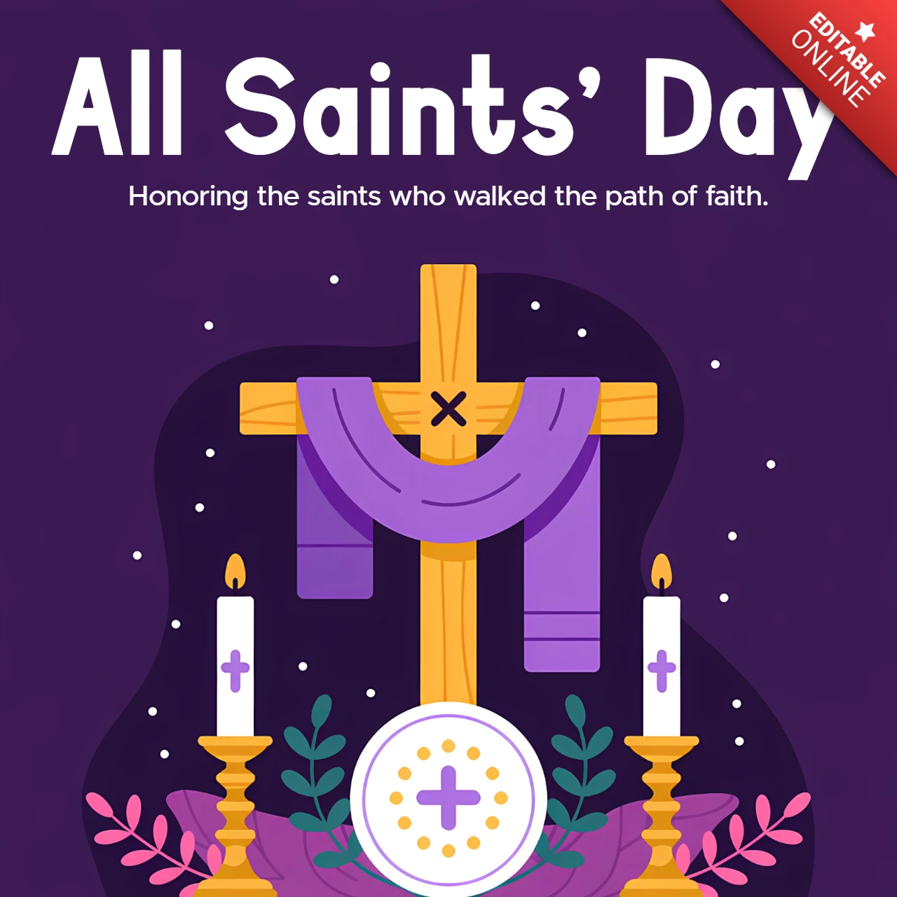 All Saints Day Design Template with Cross and Candles for Religious Celebration