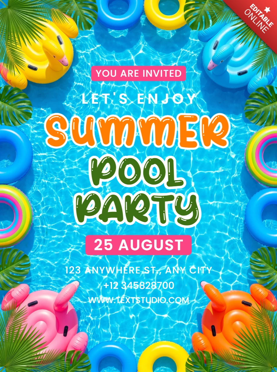 Colorful summer pool party invitation flyer with floating rings and cute animals in a bright blue swimming pool water background