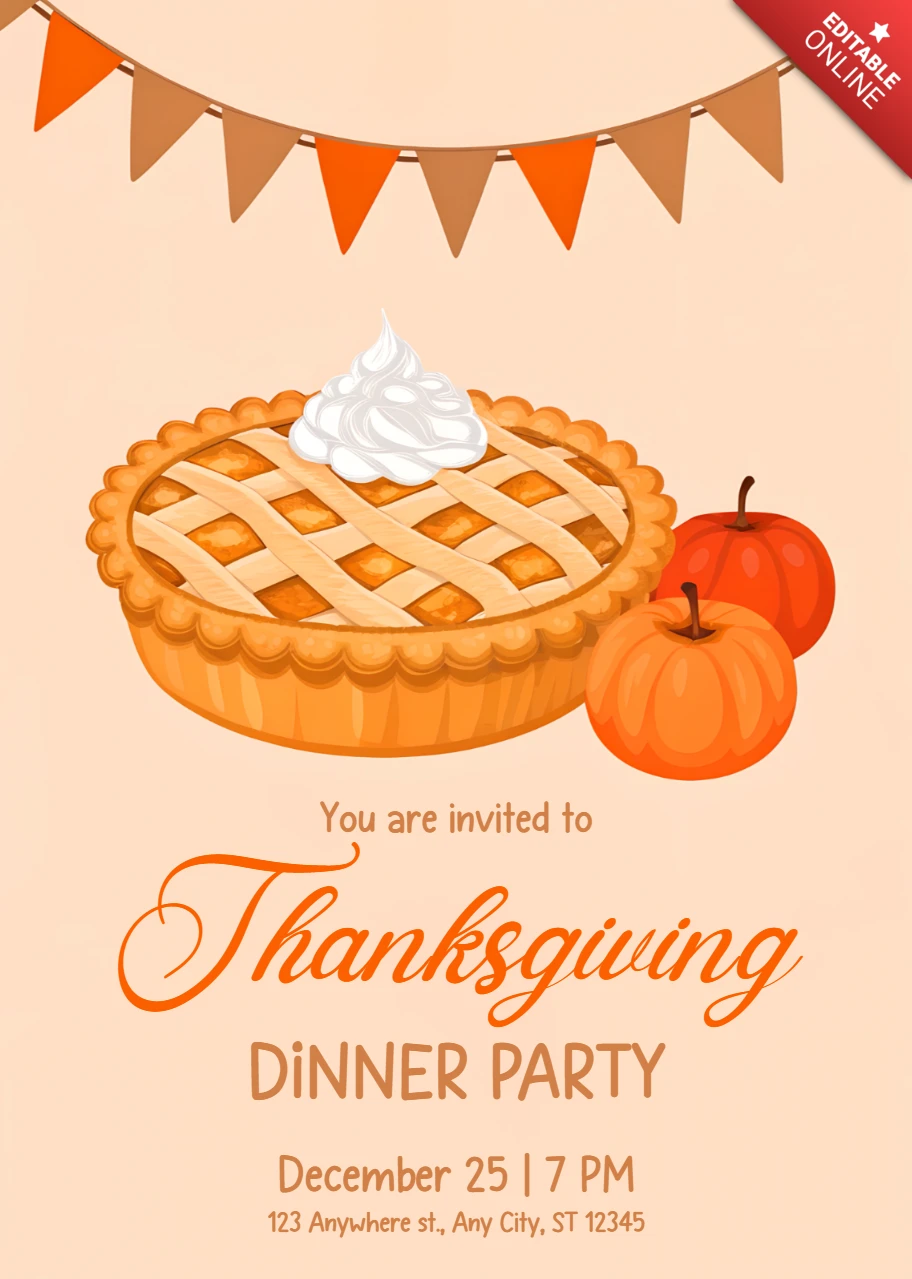 Thanksgiving Dinner Party Invitation Template with Pumpkin Pie Design