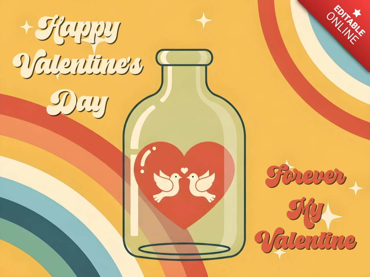 Retro-Valentinstags-Designvorlage mit Liebesvögeln in einem Glas für Grußkarten
