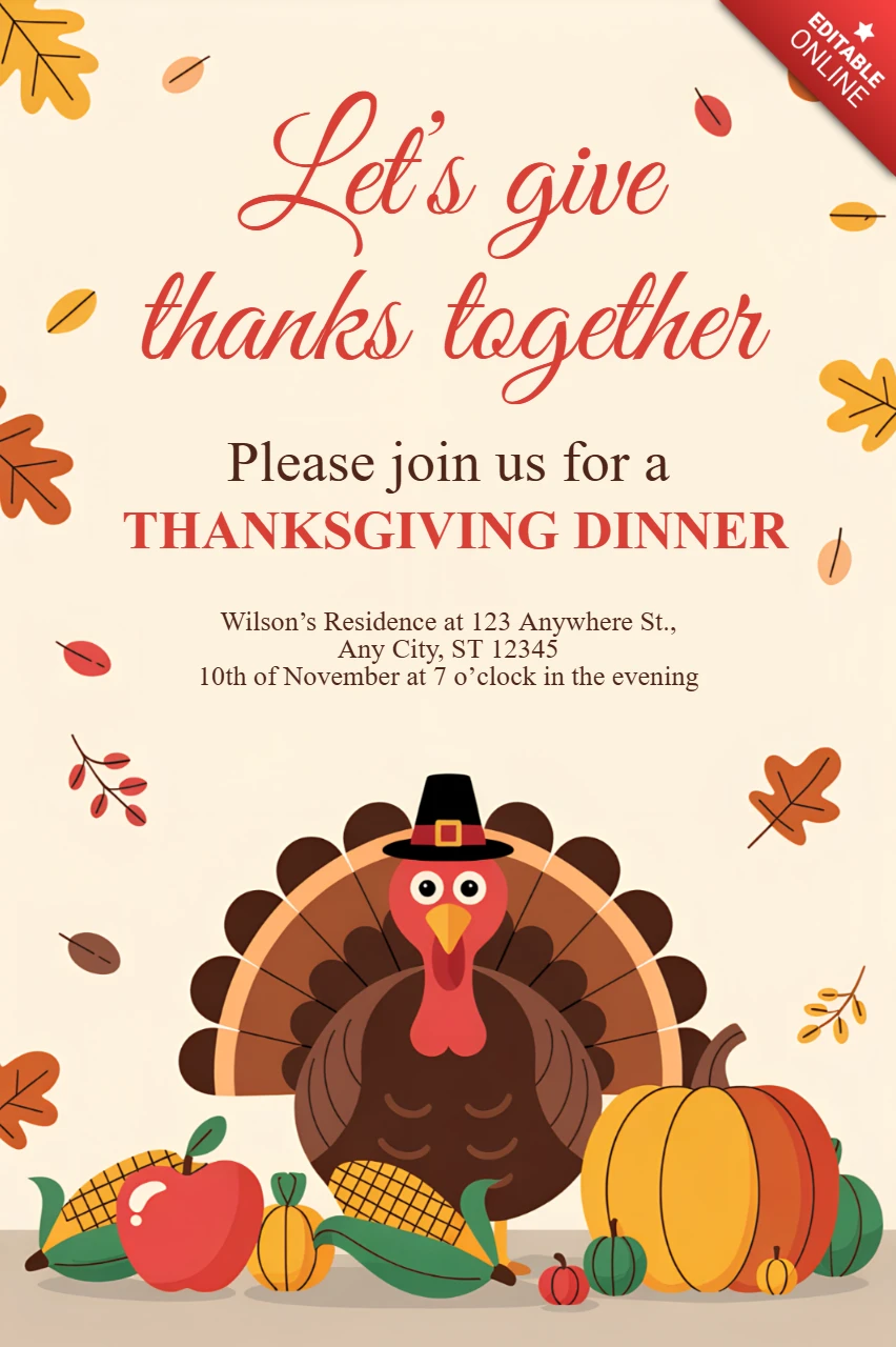 Thanksgiving Dinner Invitation Template with Cute Turkey Design