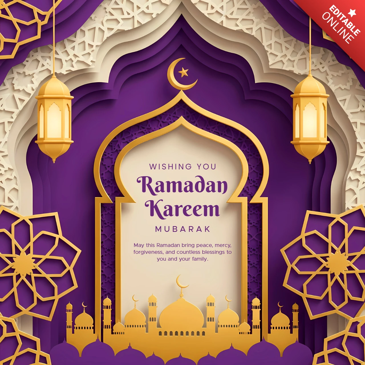 Modelo de cartão de saudação do Ramadã kareem com padrões islâmicos elegantes e lanternas.