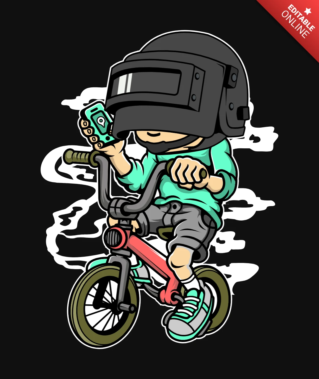 Modèle de conception de t-shirt de culture pop de caricature de bande dessinée de motard de champ de bataille de Pubg