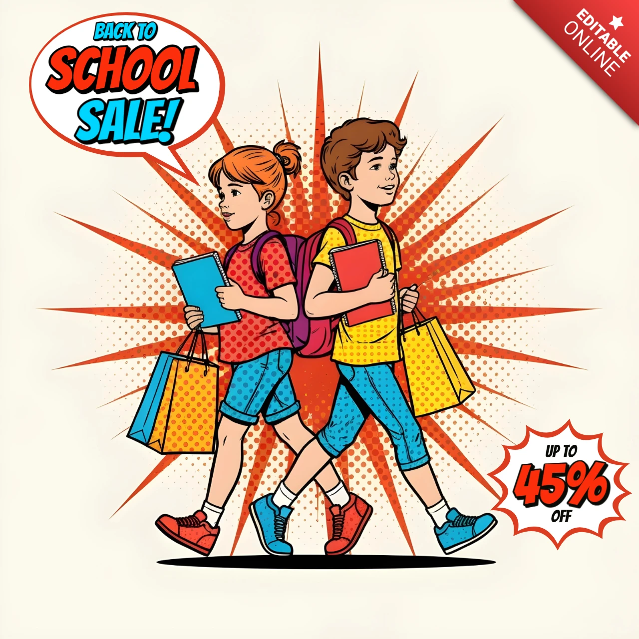 Compra escolar alegre com crianças em quadrinhos com cadernos e mensagem de venda de volta às aulas, modelo de design de banner para folhetos promocionais.