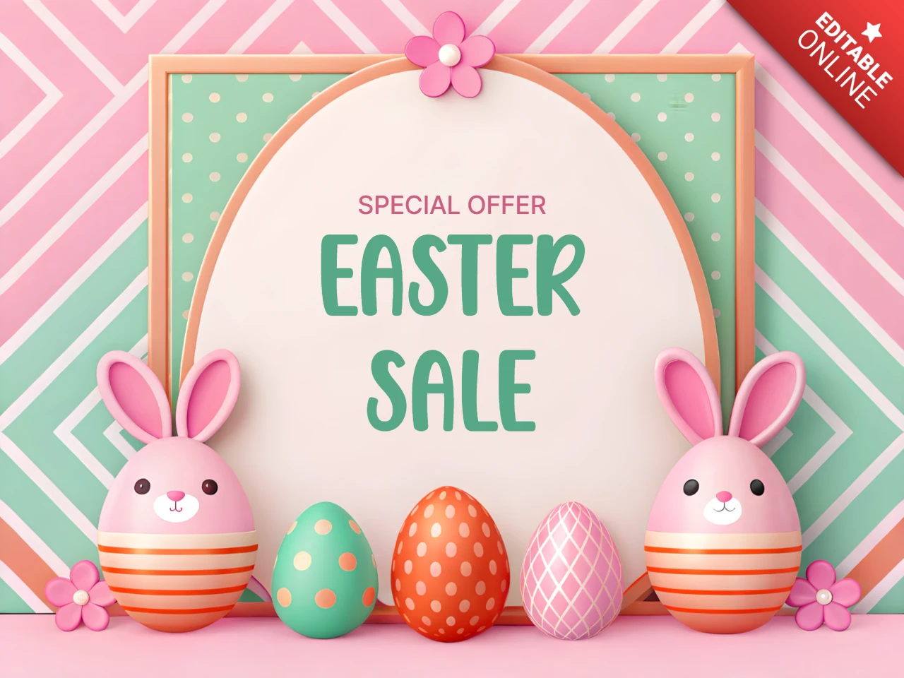 Colorida plantilla de diseño de venta de Pascua con juguetones conejitos y huevos