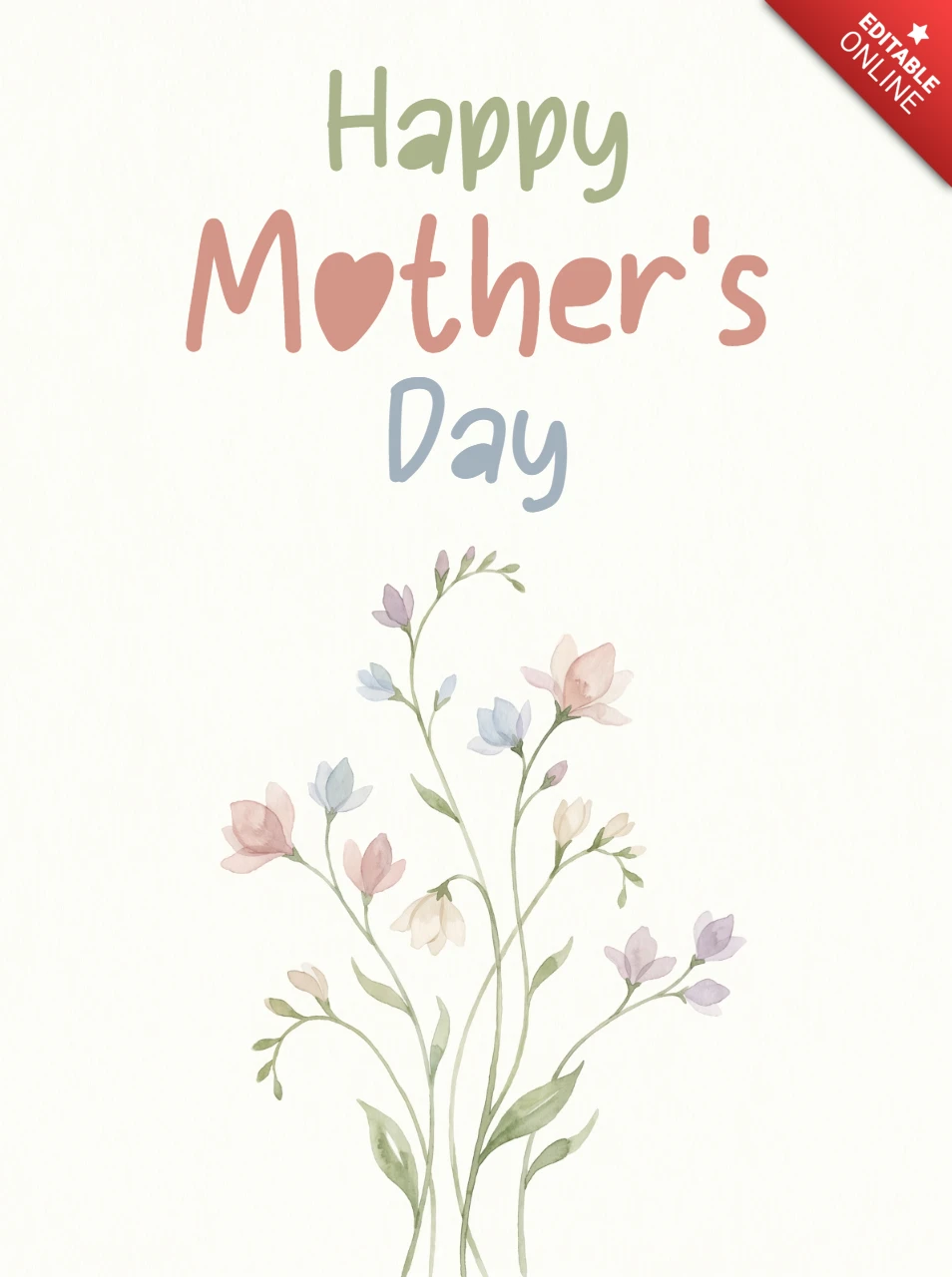 Carte de vœux pour la fête des mères avec des polices colorées, une typographie en forme de cœur et une œuvre florale aquarelle pastel.