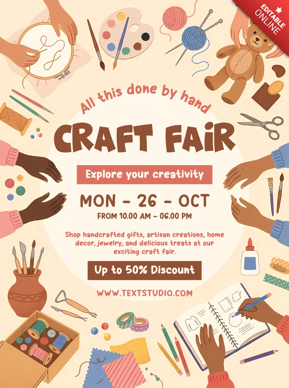 Creative Craft Fair Event Flyer Template with Art Tools, Embroidery and Handmade Workshop Illustration