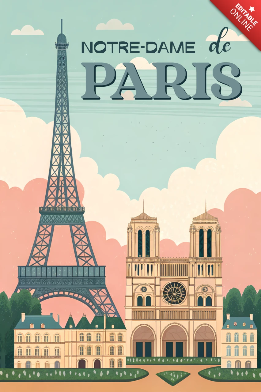Diseño de un hito vintage de París con la torre Eiffel y Notre-Dame para carteles de viaje.