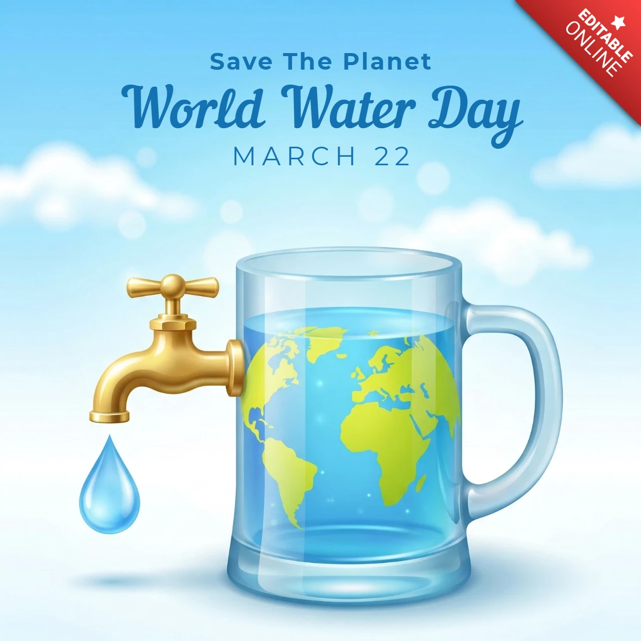 Taza de vidrio decorativa del día mundial del agua 2026 con ilustración de la tierra y una gota de grifo para la concienciación ambiental y la protección del agua.
