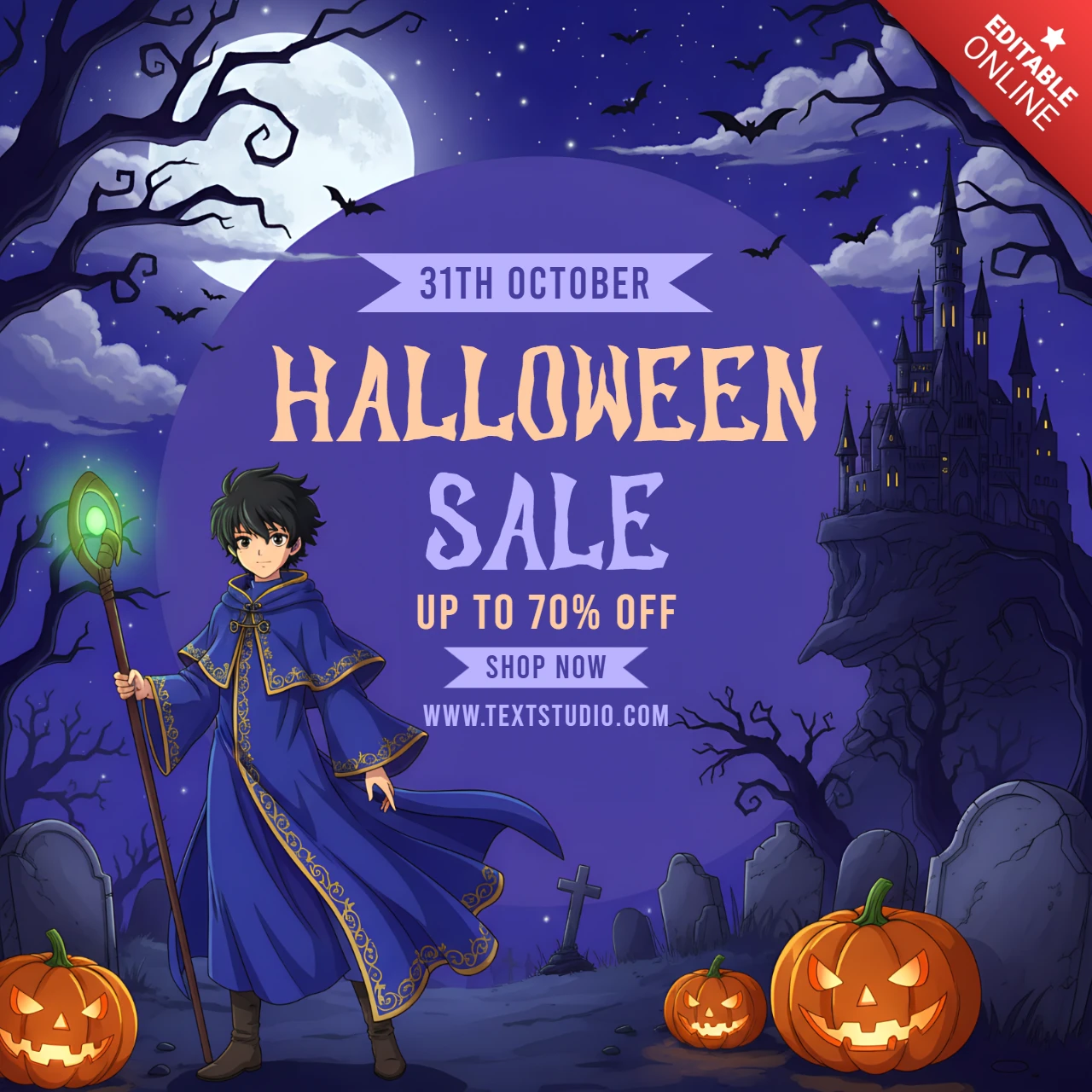 Gruseliger Manga-Halloween-Verkaufsvorlage mit Zauberer-Design für Flyer-Promotion
