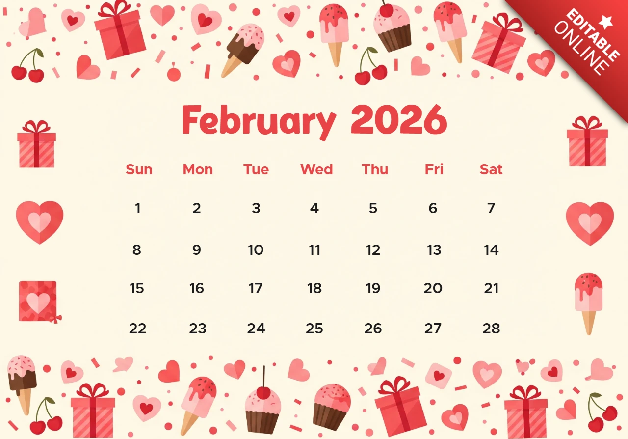 Februar 2026 Wandkalender romantische Dessertausgabe mit Kirschbelag und verpackten Geschenken