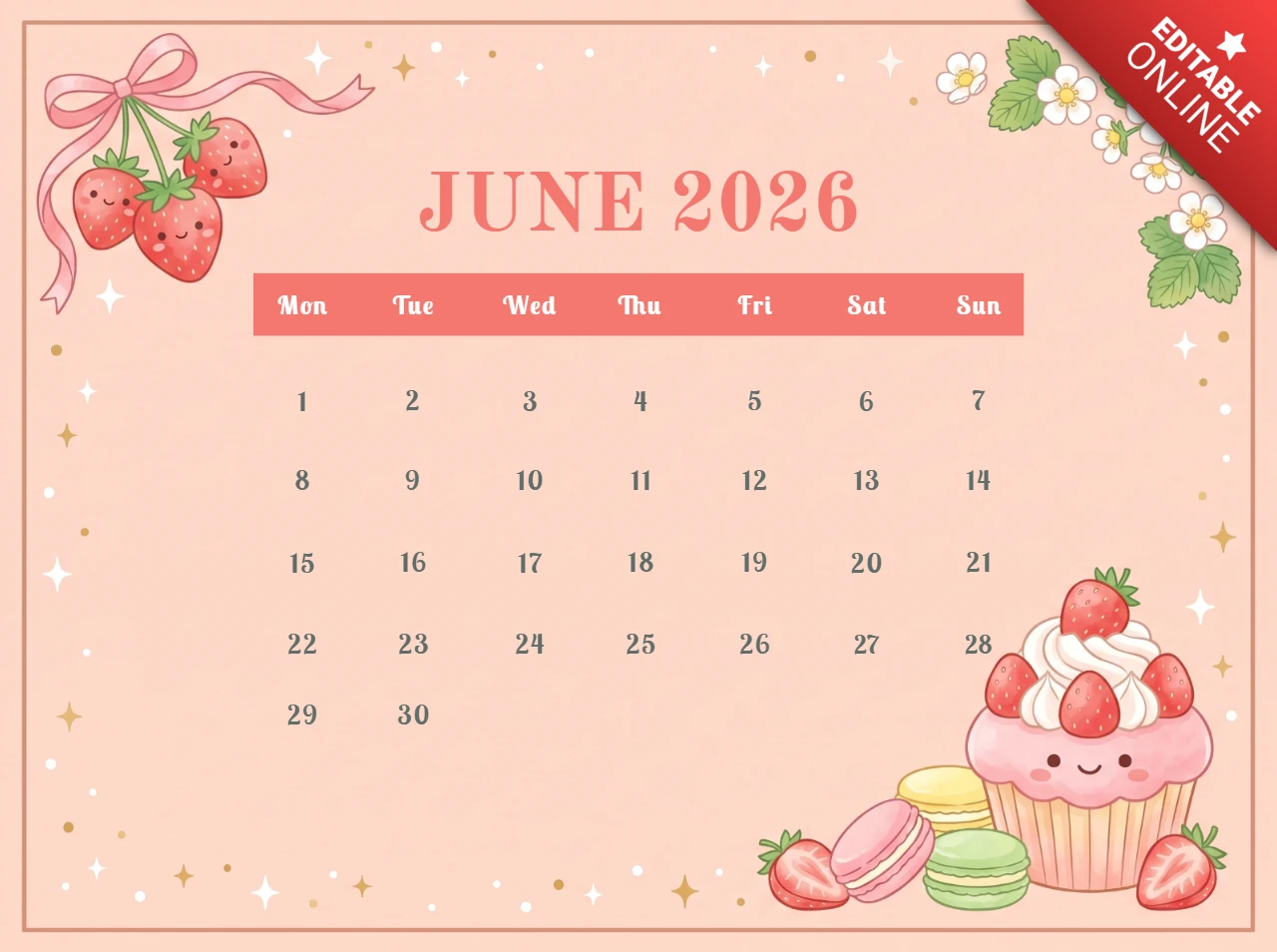 2026年6月のストロベリーデザートカレンダーページ、かわいいカップケーキ、マカロン、パステルフルーツデザイン付き