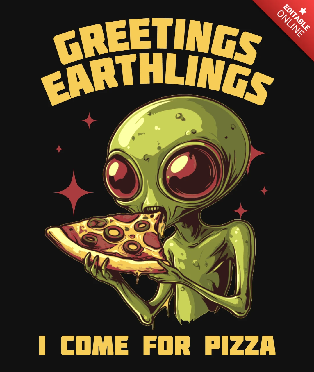 Alien mangia pizza fuori dal mondo design di maglietta per test di gusto