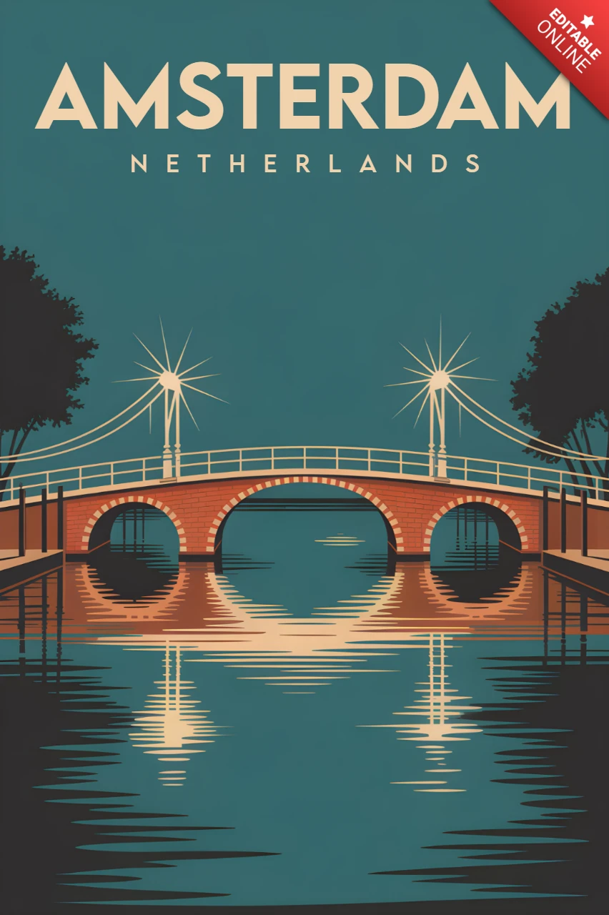 Minimalistyczne ilustracje mostów w Amsterdamie w stylu vintage do szablonów retro plakatów