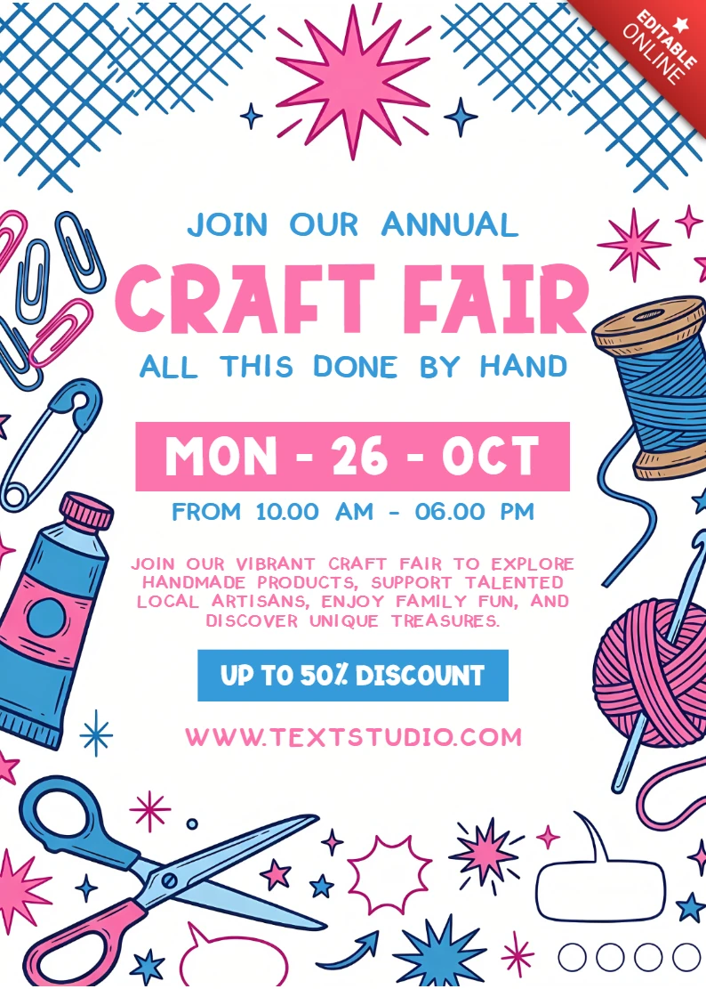Handmade Craft Fair Event Flyer Template with Sewing Supplies, Yarn and DIY Craft Decorations