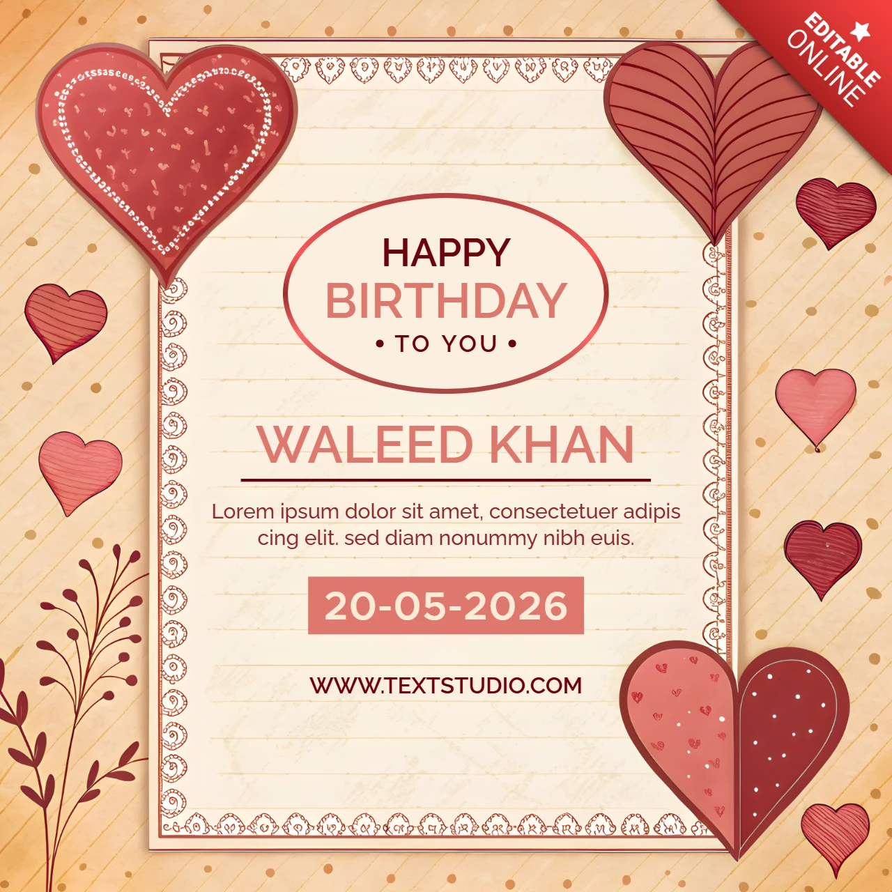Editable Birthday Card Template Design with Heart Motifs and Floral Accents