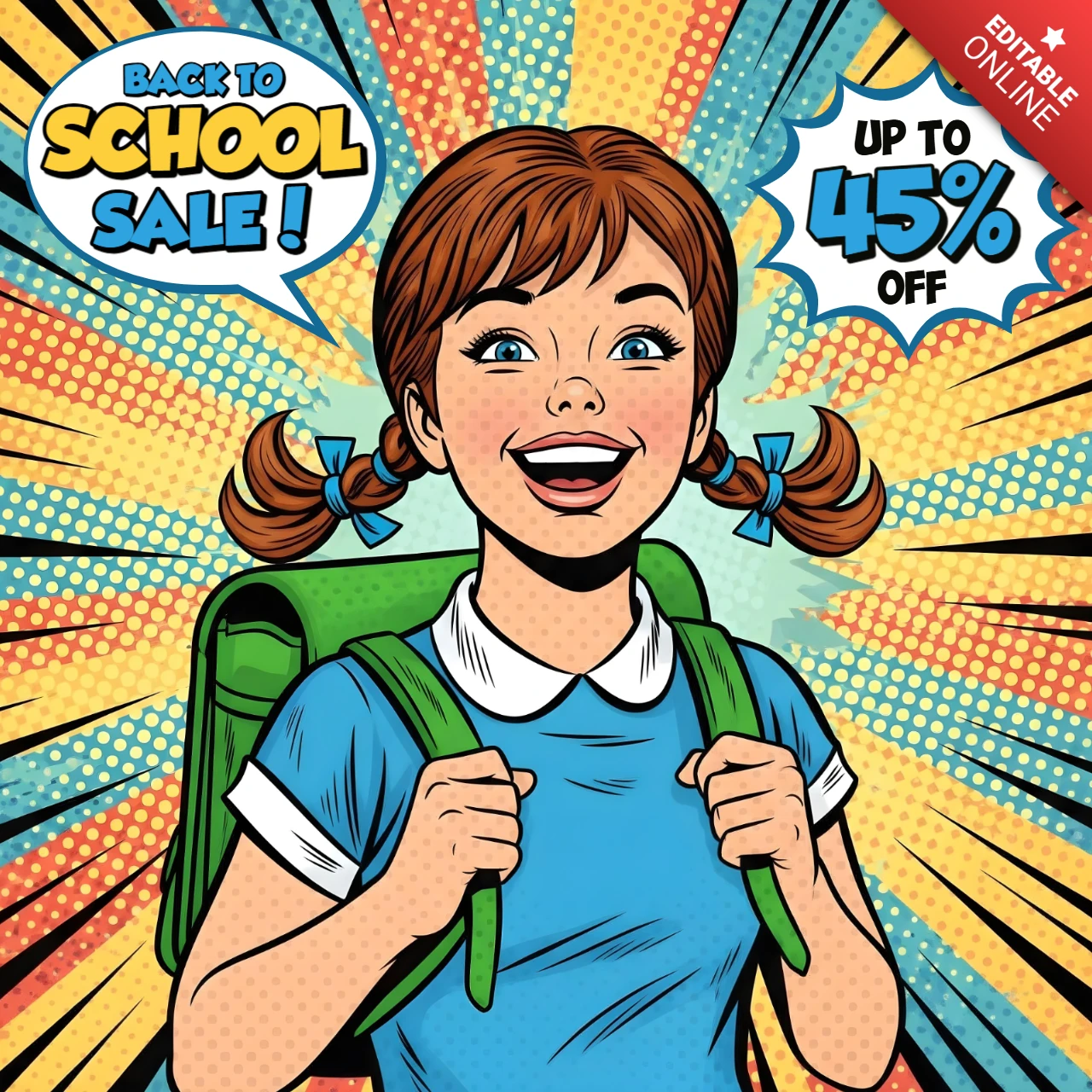 Back to School Comic Style Girl with Backpack Sale Message Banner Design Template for Promotional Flyers