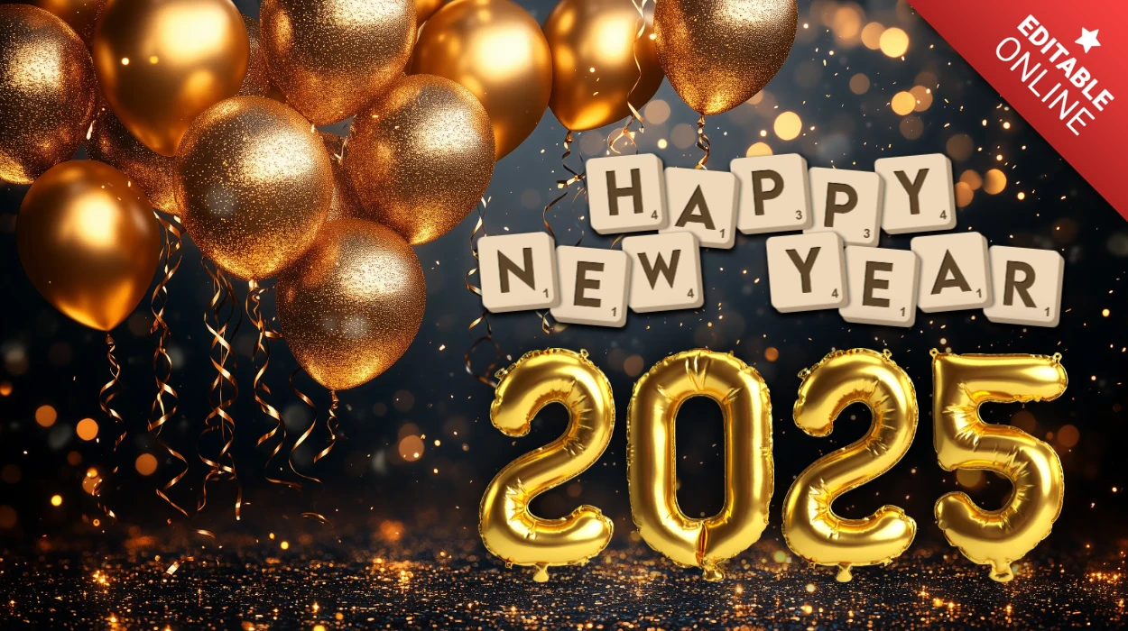 Goldene Luftballons und Scrabble Neujahrsfeier Designvorlage