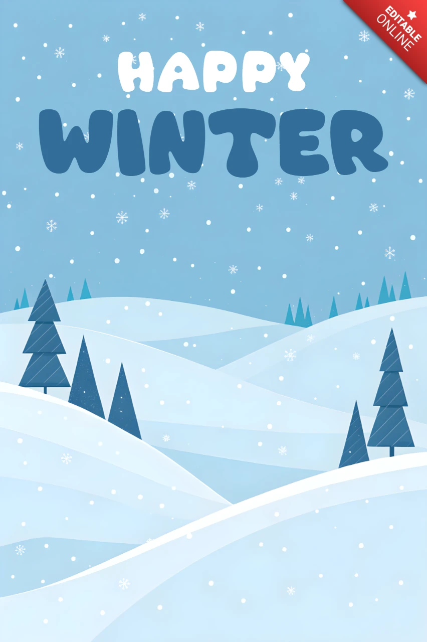 Winter Landscape Design Template for Greeting Cards with Snowy Hills and Pine Trees